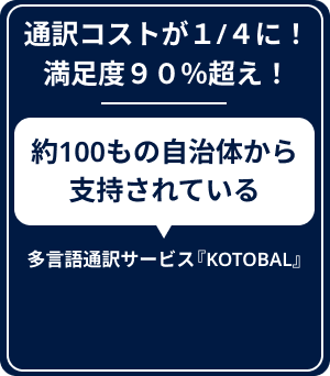 通訳コストが１/４に！
満足度９０％超え！約100もの自治体から
支持されている多言語通訳サービス『KOTOBAL』